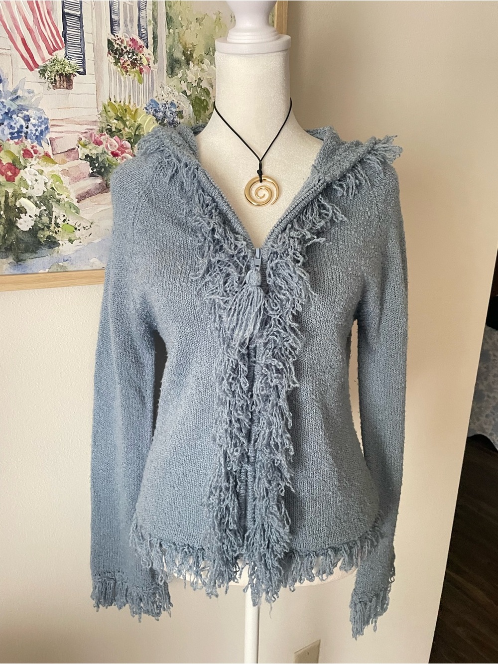 Takeout Y2K Vintage Fringed Trim Cuff Penny Lane Hooded Knit Zip Up Sweatshirt